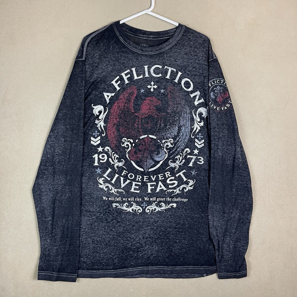 Affliction Shirt Mens 3XL Live Fast Thermal Gray Burnout Graphic Long Sleeve EUC
